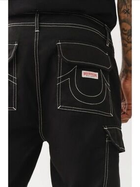 True Religion Black Cargo Pants with White Contrast Stitching